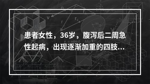 患者女性，36岁，腹泻后二周急性起病，出现逐渐加重的四肢瘫痪