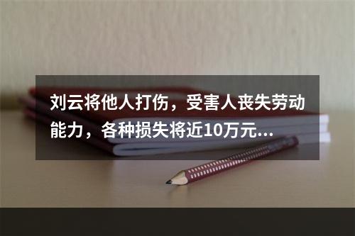 刘云将他人打伤，受害人丧失劳动能力，各种损失将近10万元。事