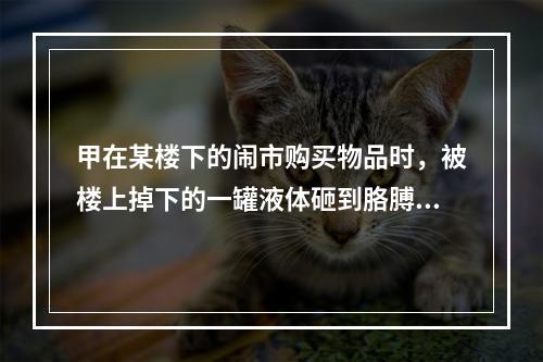 甲在某楼下的闹市购买物品时，被楼上掉下的一罐液体砸到胳膊，皮