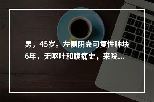 男，45岁。左侧阴囊可复性肿块6年，无呕吐和腹痛史，来院检查