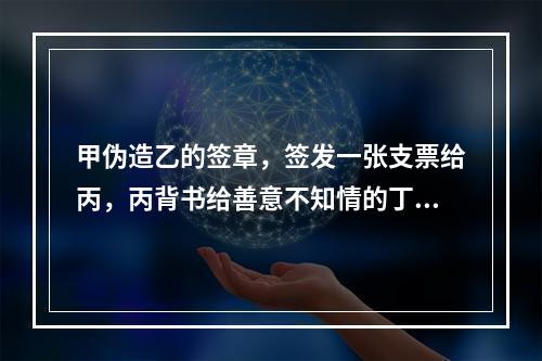 甲伪造乙的签章，签发一张支票给丙，丙背书给善意不知情的丁，当