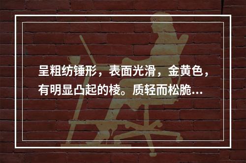 呈粗纺锤形，表面光滑，金黄色，有明显凸起的棱。质轻而松脆，断