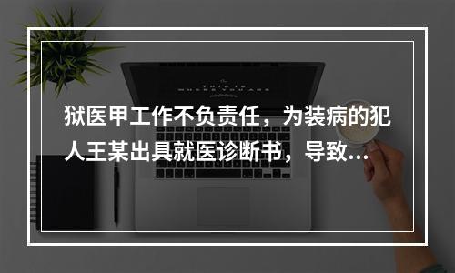 狱医甲工作不负责任，为装病的犯人王某出具就医诊断书，导致王某