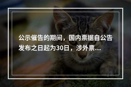 公示催告的期间，国内票据自公告发布之日起为30日，涉外票据可