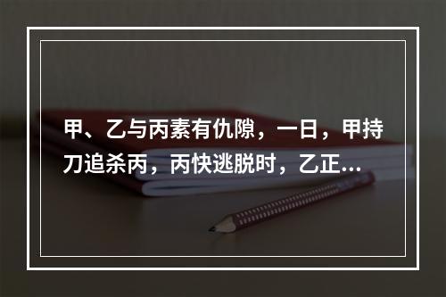 甲、乙与丙素有仇隙，一日，甲持刀追杀丙，丙快逃脱时，乙正好在