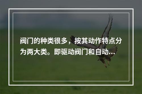 阀门的种类很多，按其动作特点分为两大类。即驱动阀门和自动阀门