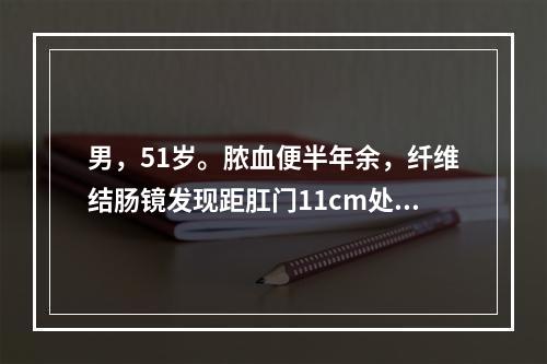 男，51岁。脓血便半年余，纤维结肠镜发现距肛门11cm处直肠