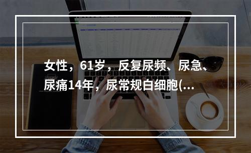 女性，61岁，反复尿频、尿急、尿痛14年，尿常规白细胞(++