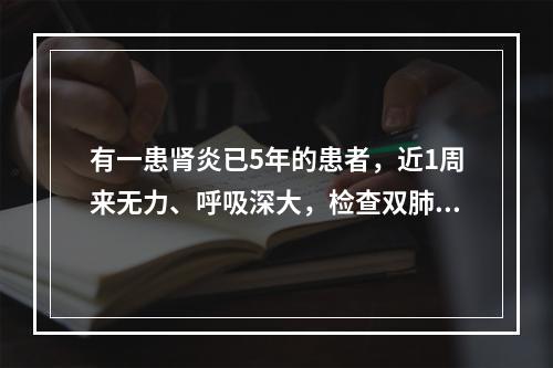 有一患肾炎已5年的患者，近1周来无力、呼吸深大，检查双肺无啰