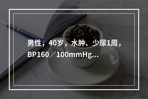 男性，40岁，水肿、少尿1周，BP160／100mmHg，尿