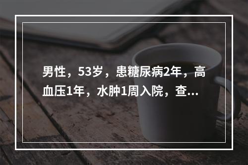 男性，53岁，患糖尿病2年，高血压1年，水肿1周入院，查尿蛋