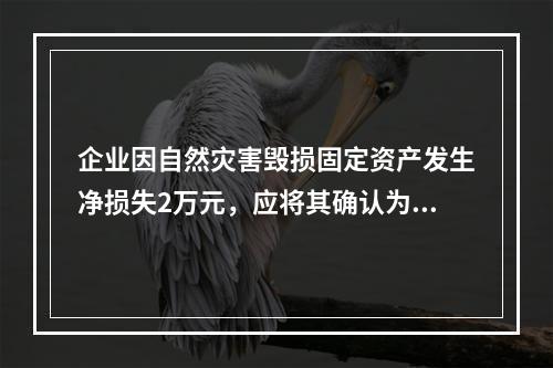 企业因自然灾害毁损固定资产发生净损失2万元，应将其确认为费用