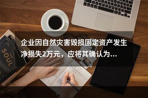 企业因自然灾害毁损固定资产发生净损失2万元，应将其确认为费用