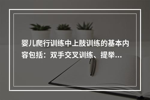 婴儿爬行训练中上肢训练的基本内容包括：双手交叉训练、提举物品