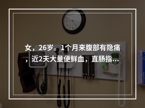 女，26岁。1个月来腹部有隐痛，近2天大量便鲜血，直肠指检未