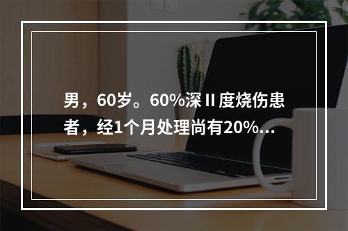 男，60岁。60%深Ⅱ度烧伤患者，经1个月处理尚有20%创面