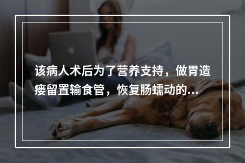 该病人术后为了营养支持，做胃造瘘留置输食管，恢复肠蠕动的第一