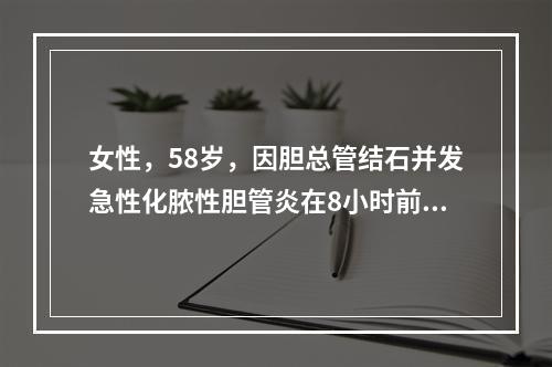 女性，58岁，因胆总管结石并发急性化脓性胆管炎在8小时前作了