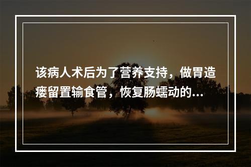 该病人术后为了营养支持，做胃造瘘留置输食管，恢复肠蠕动的第一