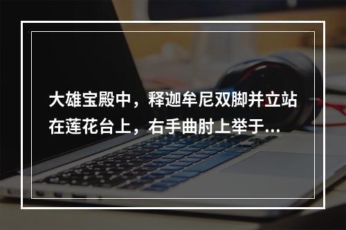 大雄宝殿中，释迦牟尼双脚并立站在莲花台上，右手曲肘上举于胸