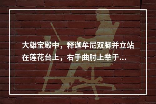 大雄宝殿中，释迦牟尼双脚并立站在莲花台上，右手曲肘上举于胸