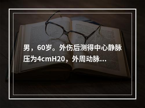 男，60岁。外伤后测得中心静脉压为4cmH20，外周动脉血压