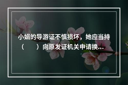 小娟的导游证不慎损坏，她应当持（　　）向原发证机关申请换发