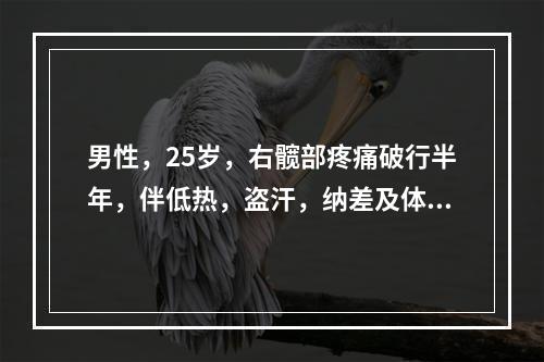 男性，25岁，右髋部疼痛破行半年，伴低热，盗汗，纳差及体重减