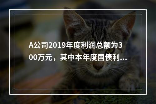 A公司2019年度利润总额为300万元，其中本年度国债利息收