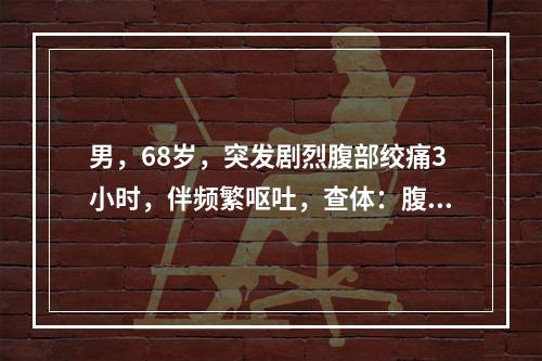 男，68岁，突发剧烈腹部绞痛3小时，伴频繁呕吐，查体：腹平坦