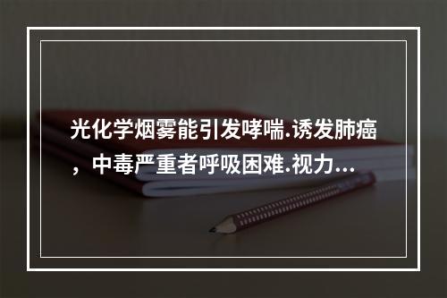 光化学烟雾能引发哮喘.诱发肺癌，中毒严重者呼吸困难.视力减退