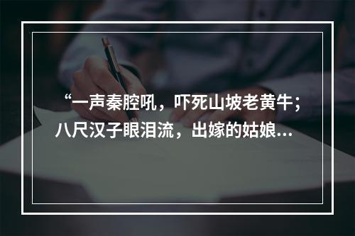 “一声秦腔吼，吓死山坡老黄牛；八尺汉子眼泪流，出嫁的姑娘也回