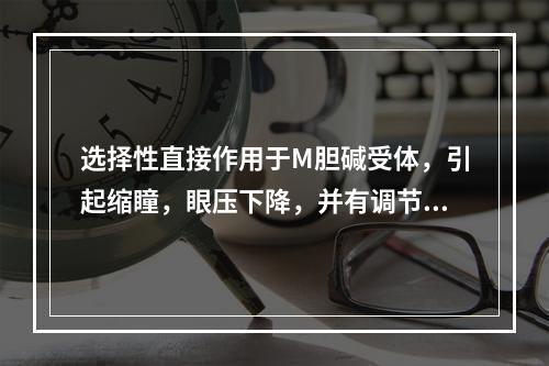 选择性直接作用于M胆碱受体，引起缩瞳，眼压下降，并有调节痉挛