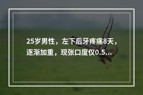 25岁男性，左下后牙疼痛8天，逐渐加重，现张口度仅0.5c