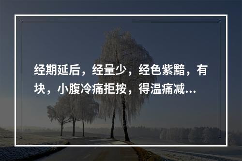 经期延后，经量少，经色紫黯，有块，小腹冷痛拒按，得温痛减，面