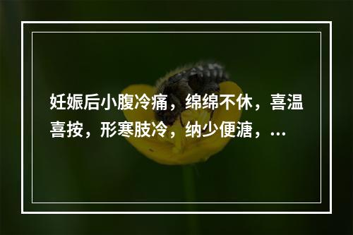 妊娠后小腹冷痛，绵绵不休，喜温喜按，形寒肢冷，纳少便溏，舌淡