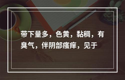 带下量多，色黄，黏稠，有臭气，伴阴部瘙痒，见于