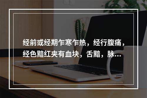 经前或经期乍寒乍热，经行腹痛，经色黯红夹有血块，舌黯，脉沉弦