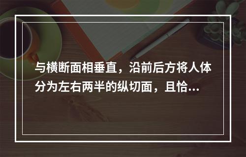 与横断面相垂直，沿前后方将人体分为左右两半的纵切面，且恰通过