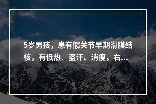 5岁男孩，患有髋关节早期滑膜结核，有低热、盗汗、消瘦，右膝轻