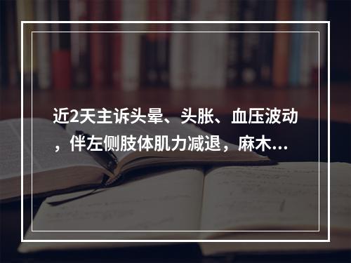 近2天主诉头晕、头胀、血压波动，伴左侧肢体肌力减退，麻木，此