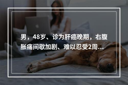 男，48岁、诊为肝癌晚期，右腹胀痛间歇加剧、难以忍受2周，伴