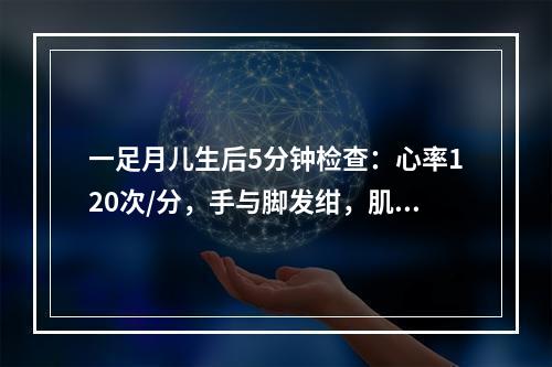 一足月儿生后5分钟检查：心率120次/分，手与脚发绀，肌张力