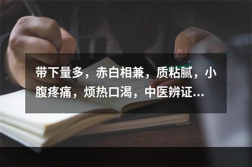 带下量多，赤白相兼，质粘腻，小腹疼痛，烦热口渴，中医辨证为：