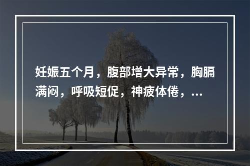 妊娠五个月，腹部增大异常，胸膈满闷，呼吸短促，神疲体倦，舌淡