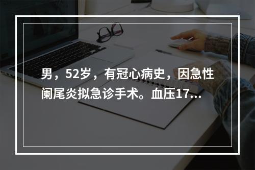 男，52岁，有冠心病史，因急性阑尾炎拟急诊手术。血压17／1