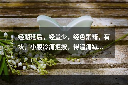 经期延后，经量少，经色紫黯，有块，小腹冷痛拒按，得温痛减，面