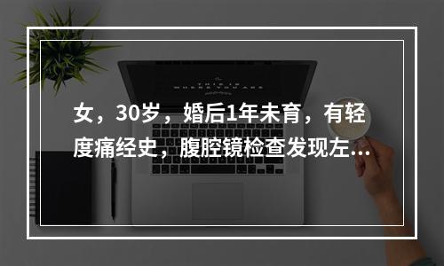 女，30岁，婚后1年未育，有轻度痛经史，腹腔镜检查发现左侧卵