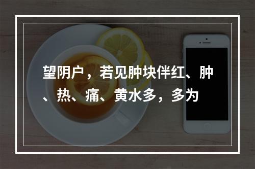 望阴户，若见肿块伴红、肿、热、痛、黄水多，多为