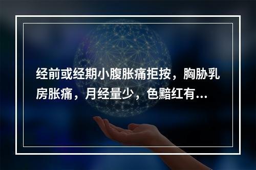 经前或经期小腹胀痛拒按，胸胁乳房胀痛，月经量少，色黯红有血块